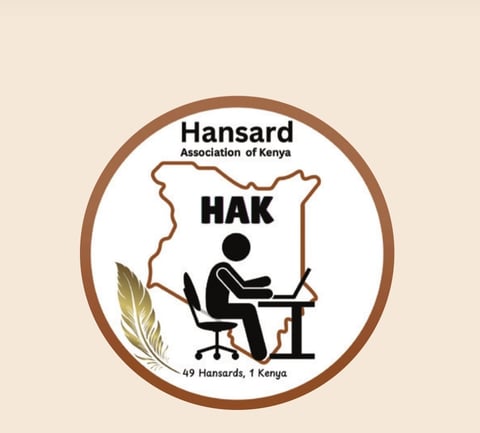 Hansard Association of Kenya logo featuring HAK acronym with silhouette of person at desk inside Kenya map outline