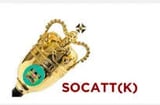 Gold ornate mascot or emblem with green stone accent and SOCATT(K) text label