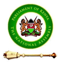 Parliament of Kenya coat of arms seal with green circle and national assembly emblem, accompanied by a golden ceremonial mace