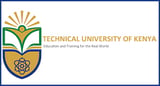 Technical University of Kenya logo with open book, sun rays, and gear symbol, featuring tagline Education and Training for the Real World