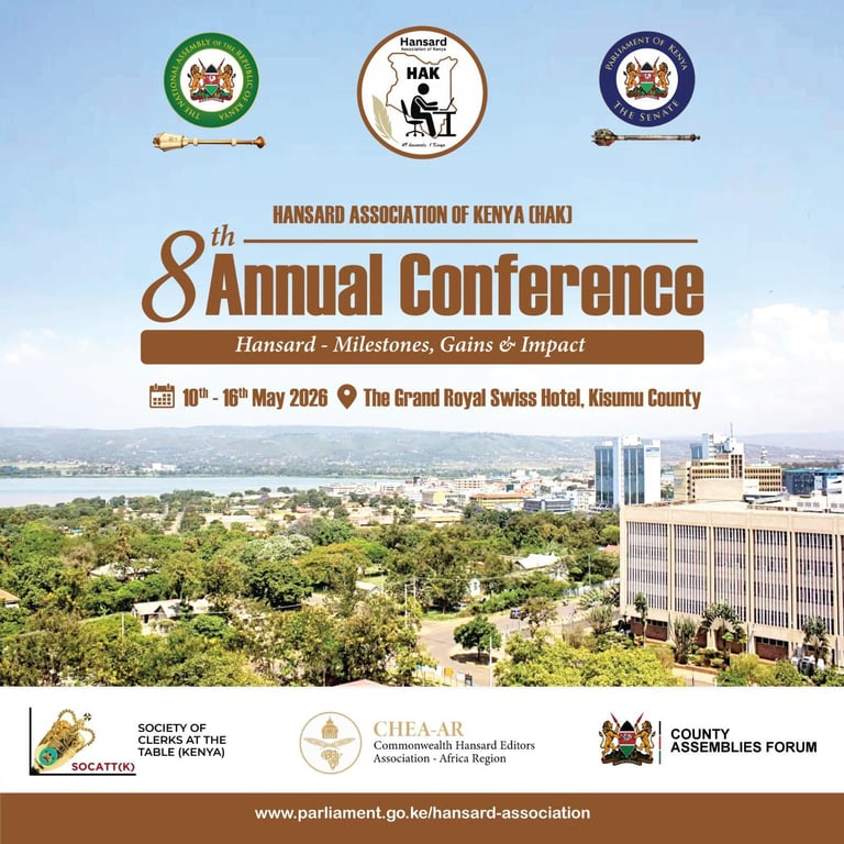 Hansard Association of Kenya 8th Annual Conference poster showing event details for May 10-16, 2020 at Grand Royal Swiss Hotel, Kisumu County