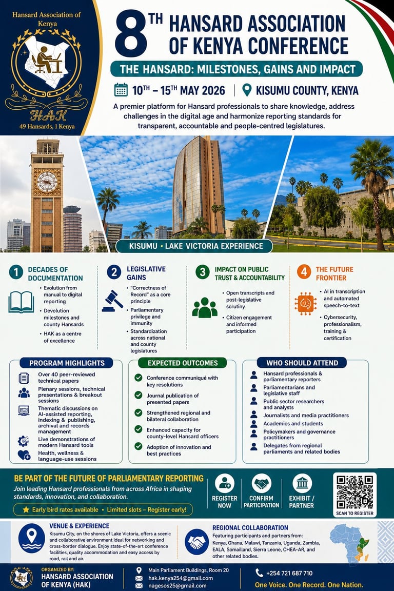8th Hansard Association of Kenya Conference flyer promoting parliamentary reporting event in Kisumu County from May 10-15, 2026