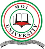 Moi University logo featuring open book on red banner with Foundation of Knowledge motto