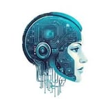 Digital illustration of an AI robot head in profile with circuit board patterns and blue technology design elements