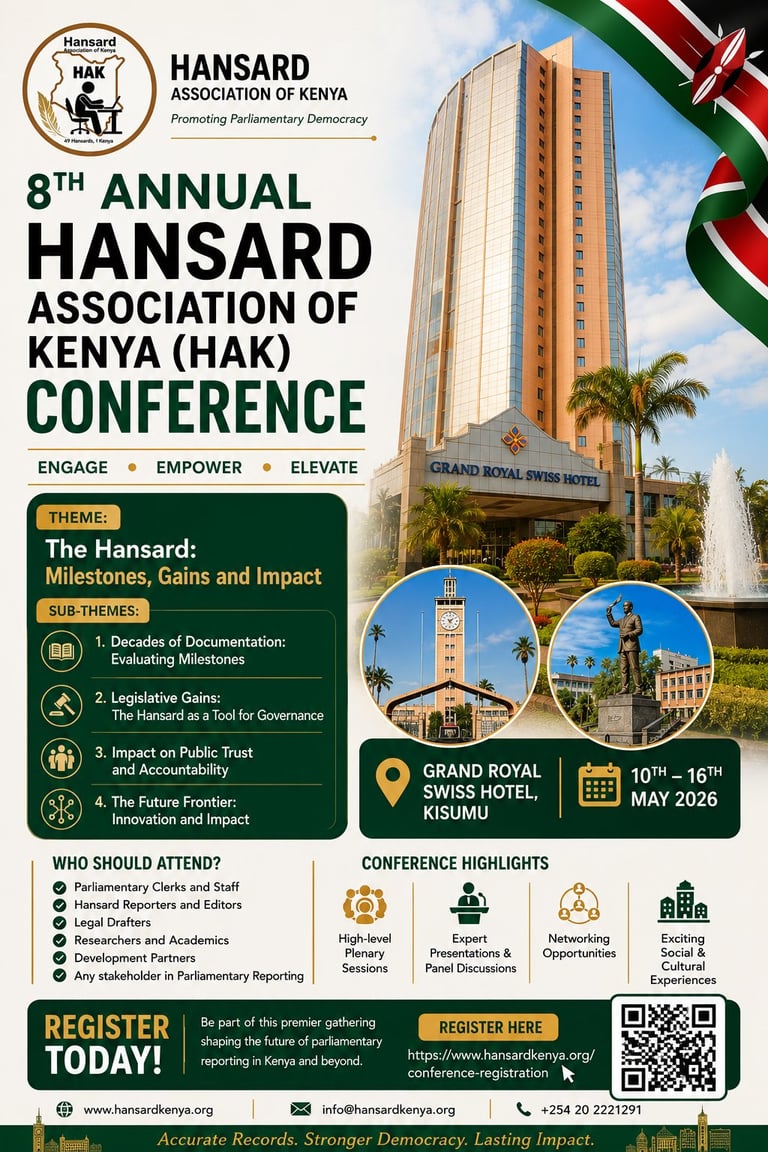 Poster for 8th Annual Hansard Association of Kenya Conference, May 10-16, 2026 at Grand Royal Swiss Hotel Kisumu, with theme on Hansard milestones and impact.